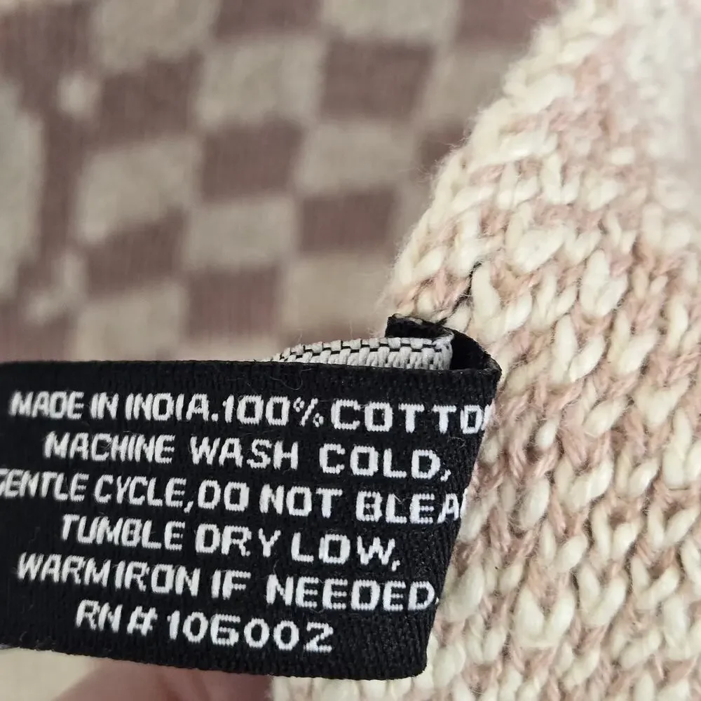 New Tahari 100% Knit Cotton Smiley Face Table Runner Pink Cream Checked 16x72